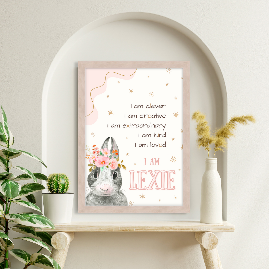 Sweet bunny affirmation poster with soft pastels, flowers, and custom name