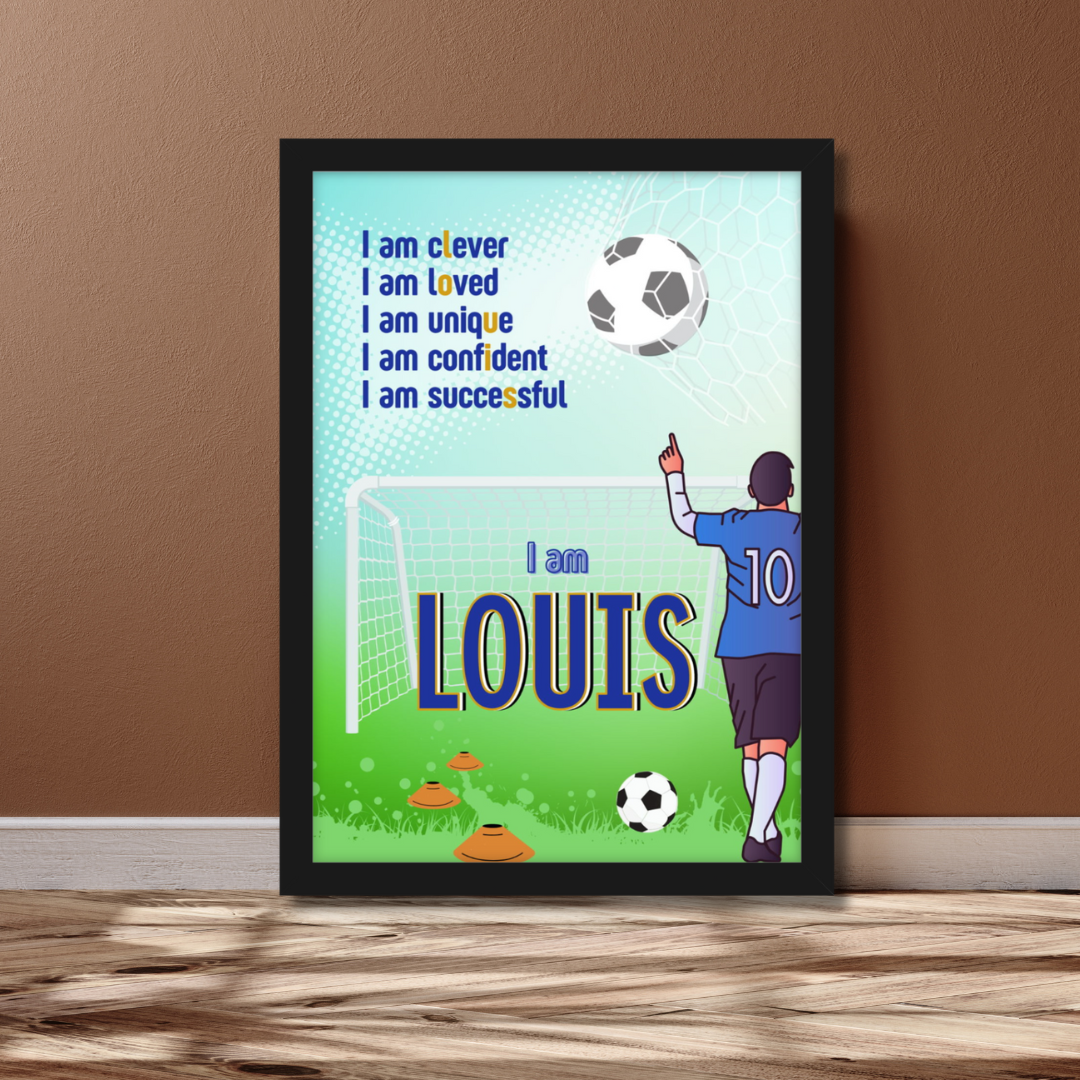 Boys soccer affirmation print with football, field, and sporty illustrations, personalised