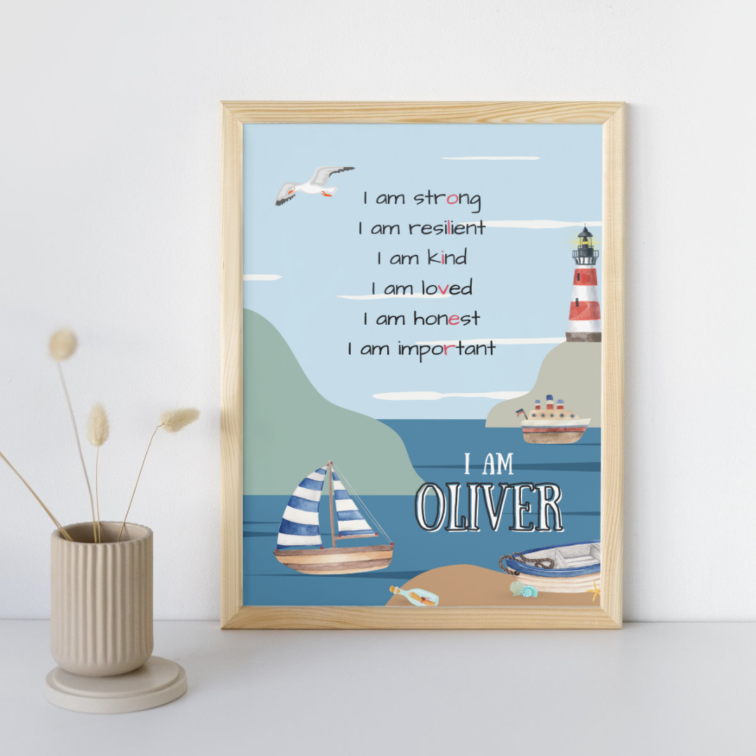 Sailboat and lighthouse 'by the sea' affirmation print with gentle waves and shells, personalised for kids