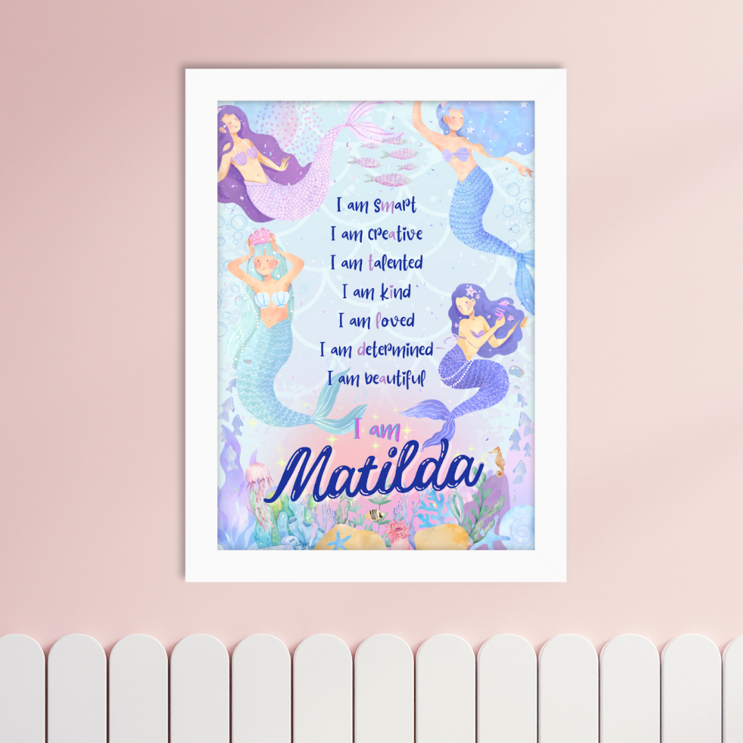 Mermaid affirmation print for kids with shimmering tail, ocean background, and personalised child’s name