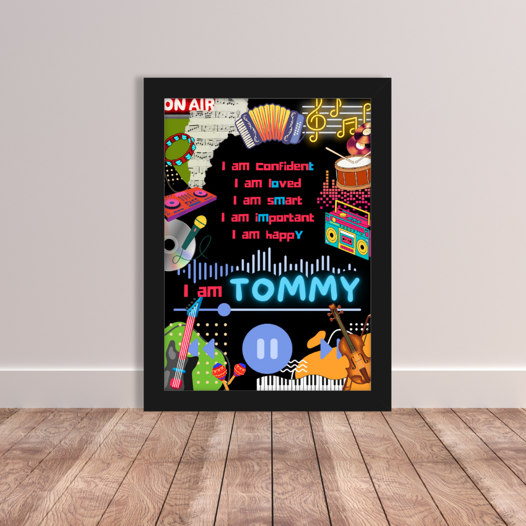 Bright and colourful music-themed affirmation poster for kids with instruments and a funky 80s clip-art style design