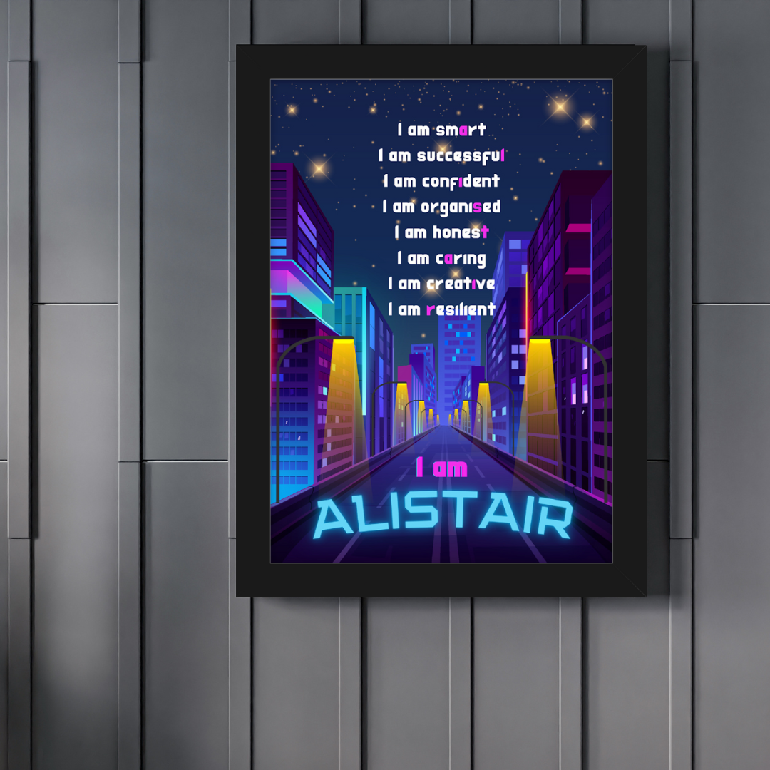 Neon city affirmation print for kids with vibrant street lights, buildings, and urban nightscape