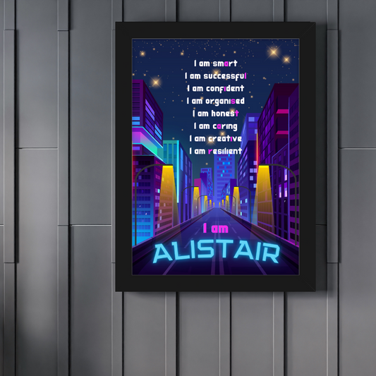 Neon city affirmation print for kids with vibrant street lights, buildings, and urban nightscape