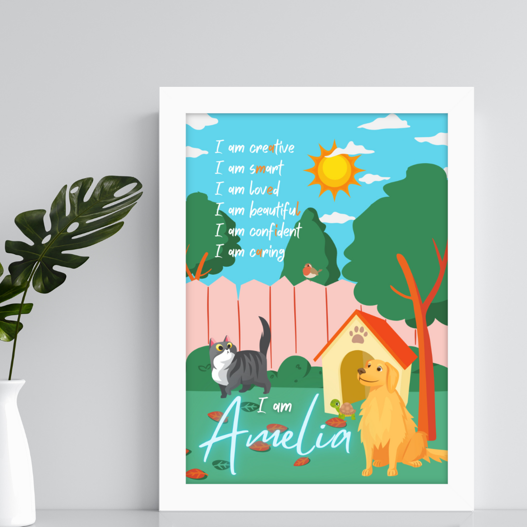 Custom affirmation print for kids with playful backyard scene featuring cat, dog, and leafy trees