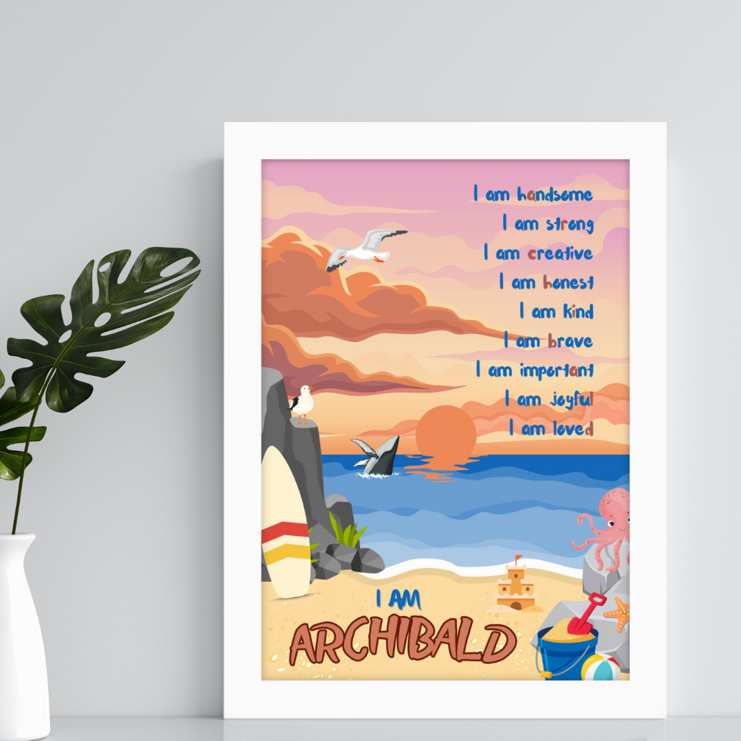 Beach-themed affirmation poster with surfboards, waves, sandcastles, ocean friends and sandy shores, personalised for kids