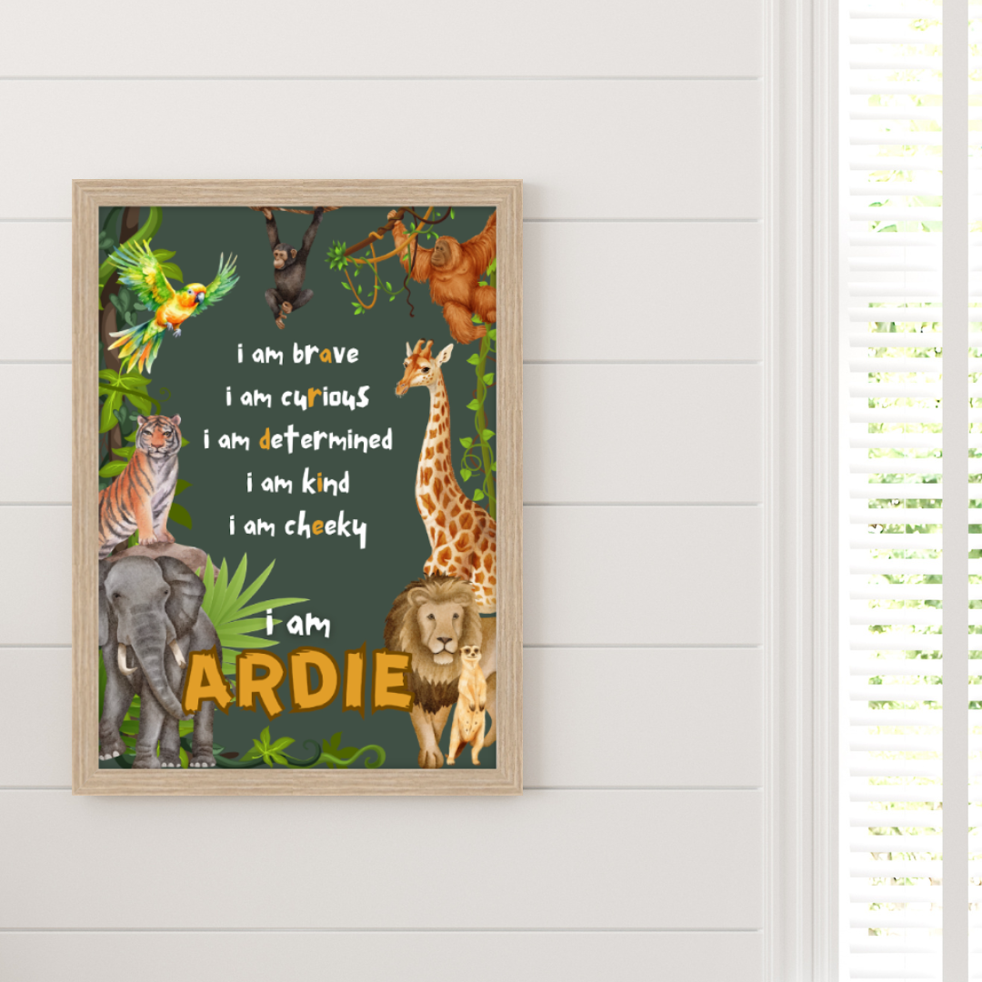 Personalised jungle affirmation poster for children with lion, monkey, giraffe, tiger, elephant, meerkat, orangutan and parrot plus tropical greenery