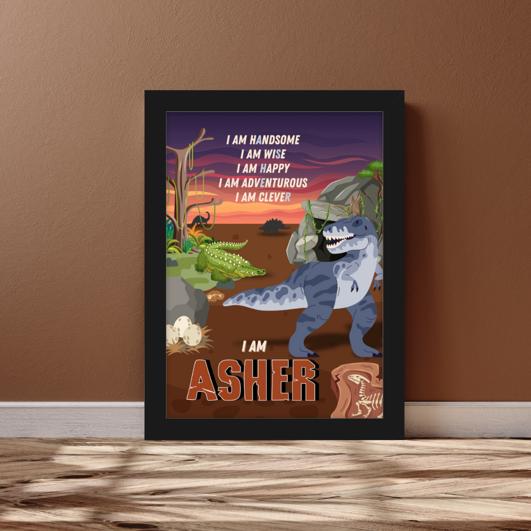 Dramatic dinosaur affirmation print with T-rex, crocodile, caves, and moody sunset, personalised