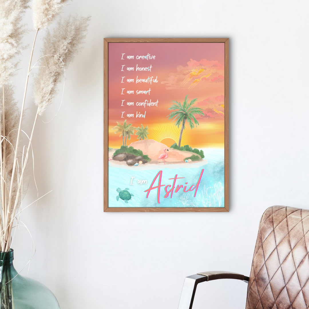 Tropical beach affirmation print with sunset, flamingo, turtle, and shells, customised for children