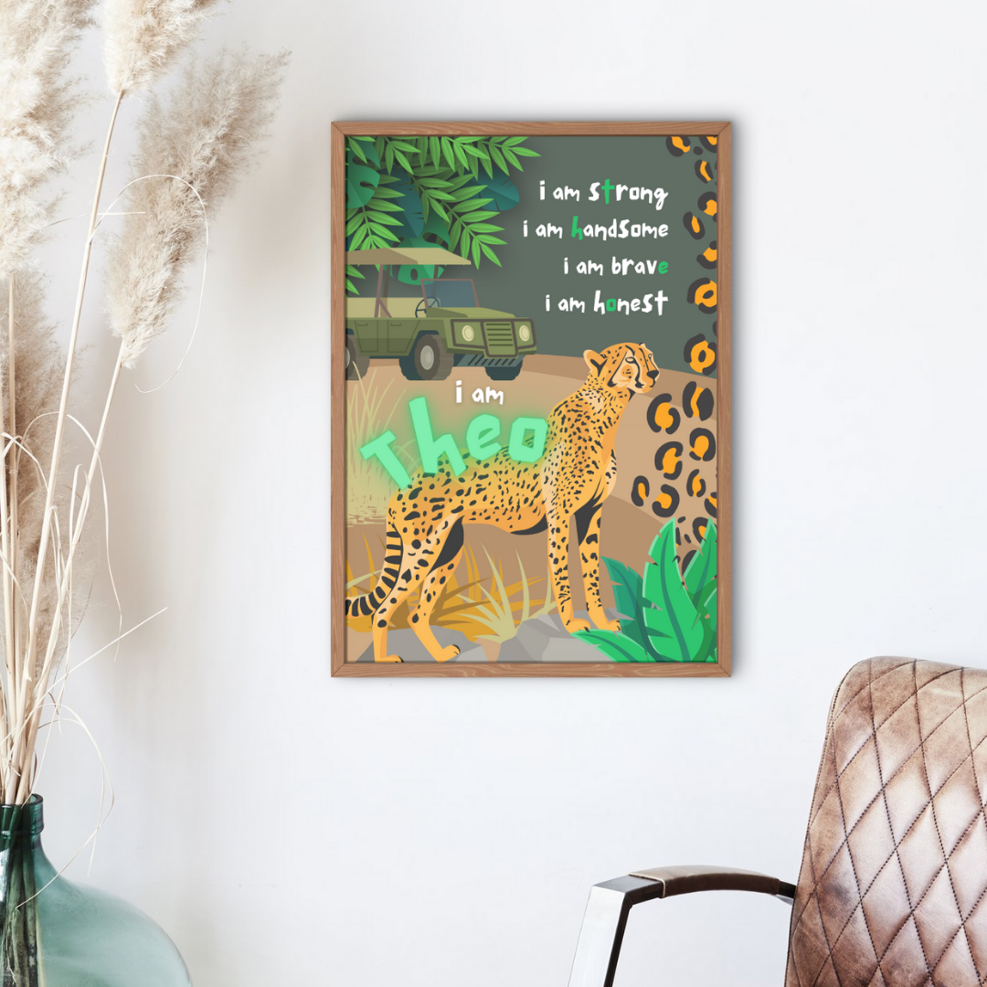Cheetah safari affirmation poster with savannah backdrop and empowering words, personalised