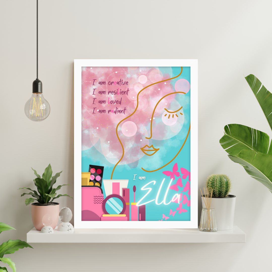 Kids affirmation print featuring makeup brushes, sparkles, and pastel beauty accessories