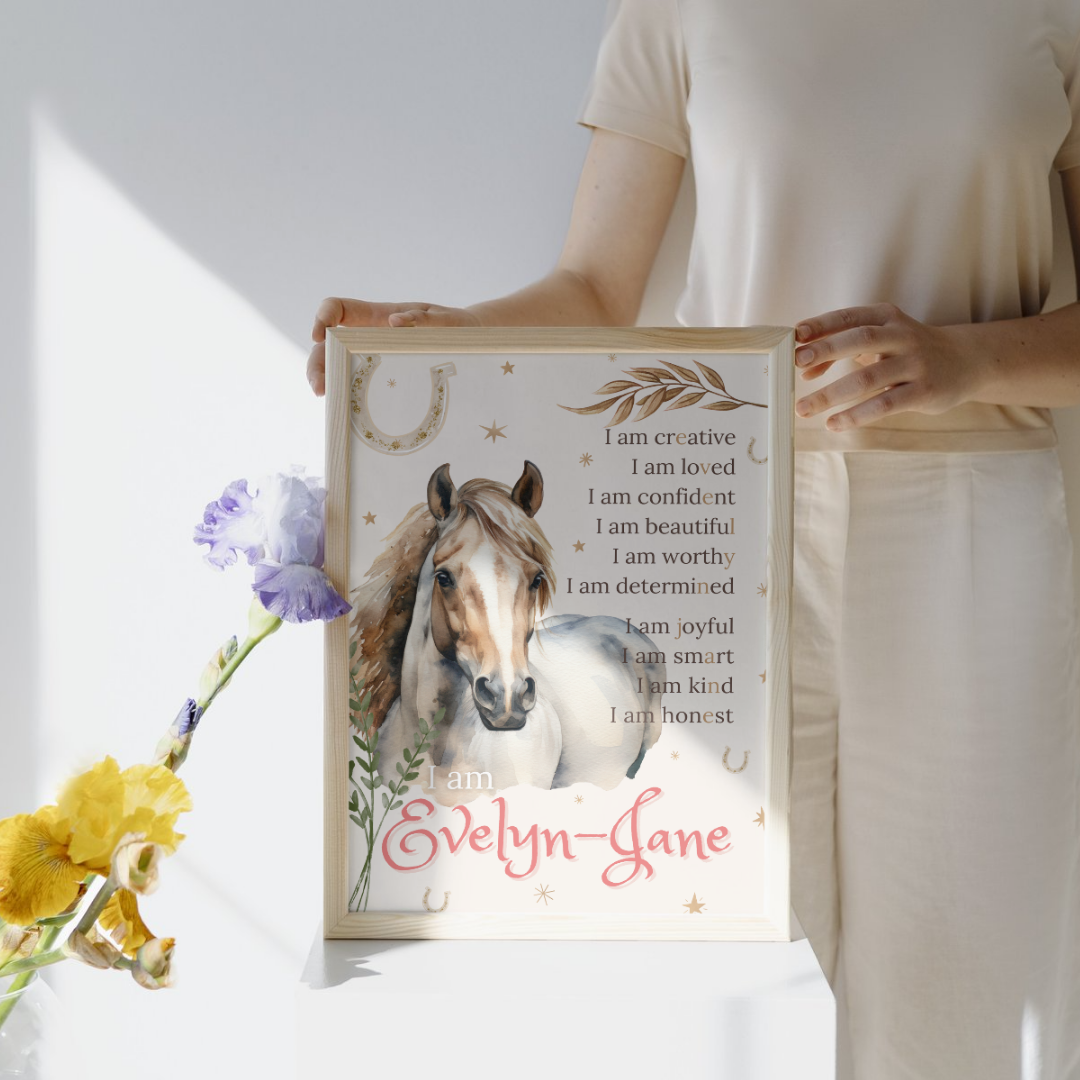 Peaceful horse affirmation print with pony, wildflowers, stars and horseshoes with custom child’s name