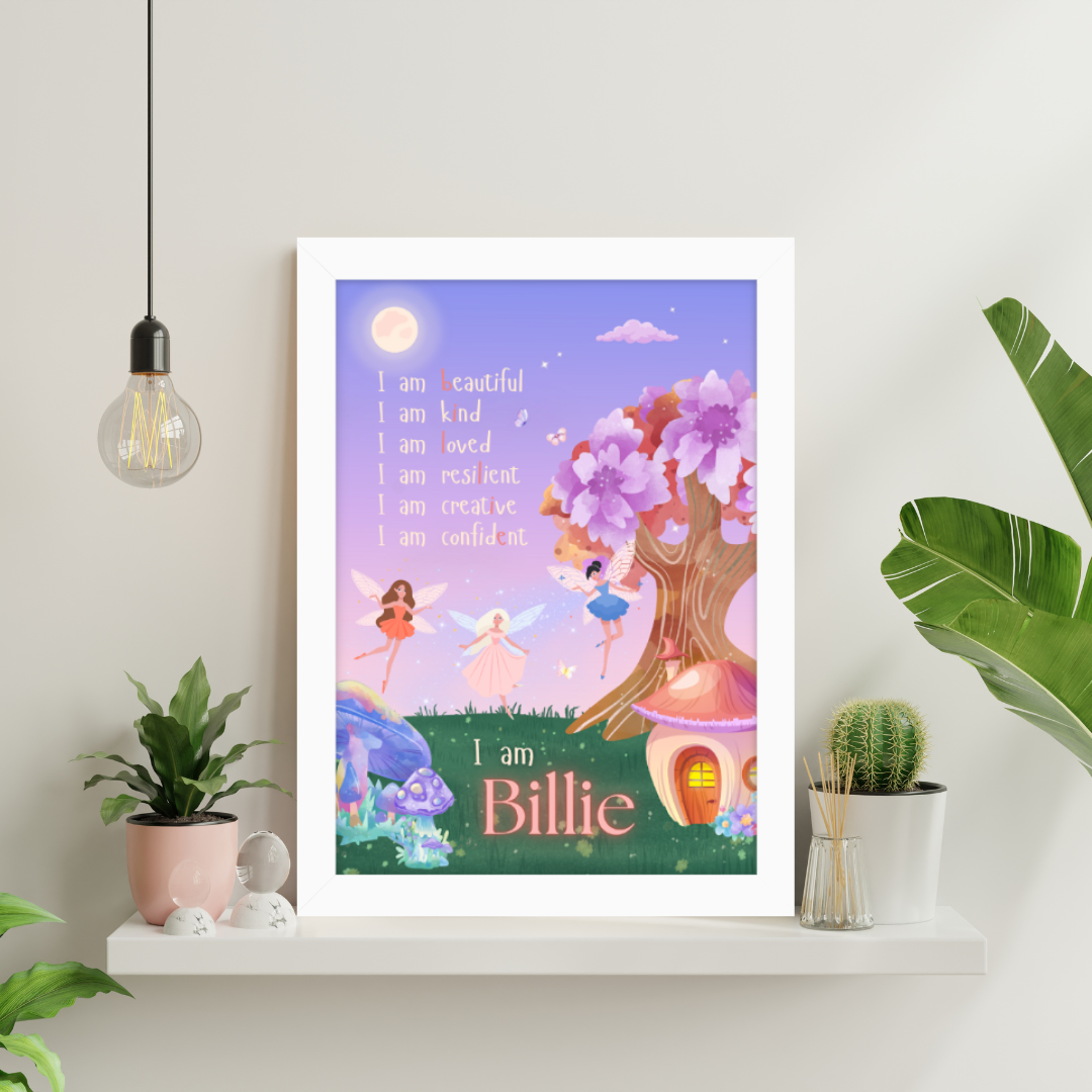 Magical fairy affirmation poster featuring a beautiful sunset, three fairies and their enchanted home and garden