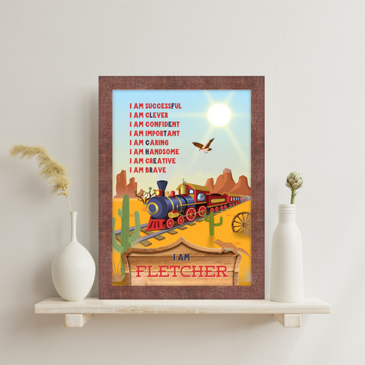 Wild west affirmation print with steam train, desert scene, and cowboy vibes, personalised for kids