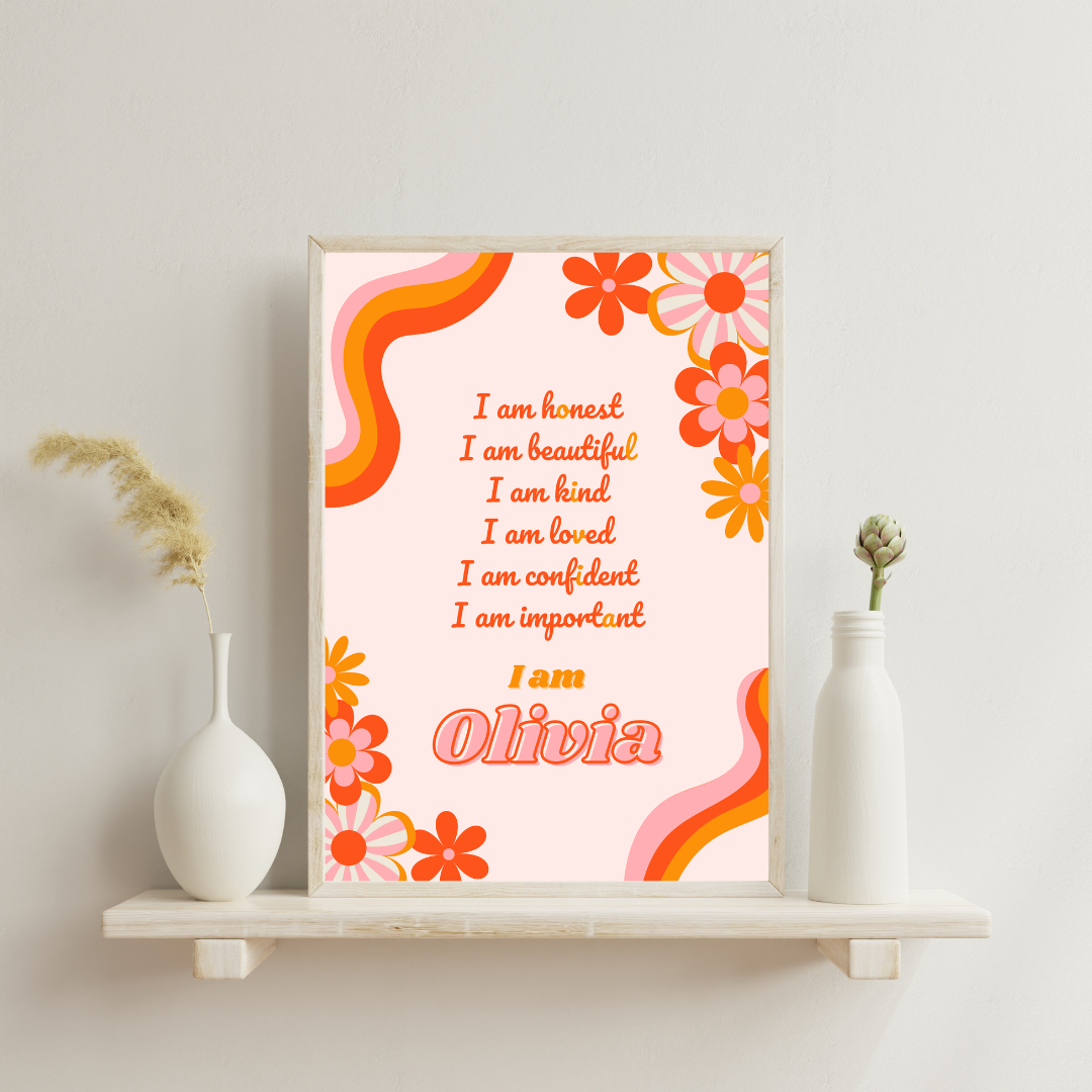 Custom affirmation poster for children with bright retro floral design and groovy colours