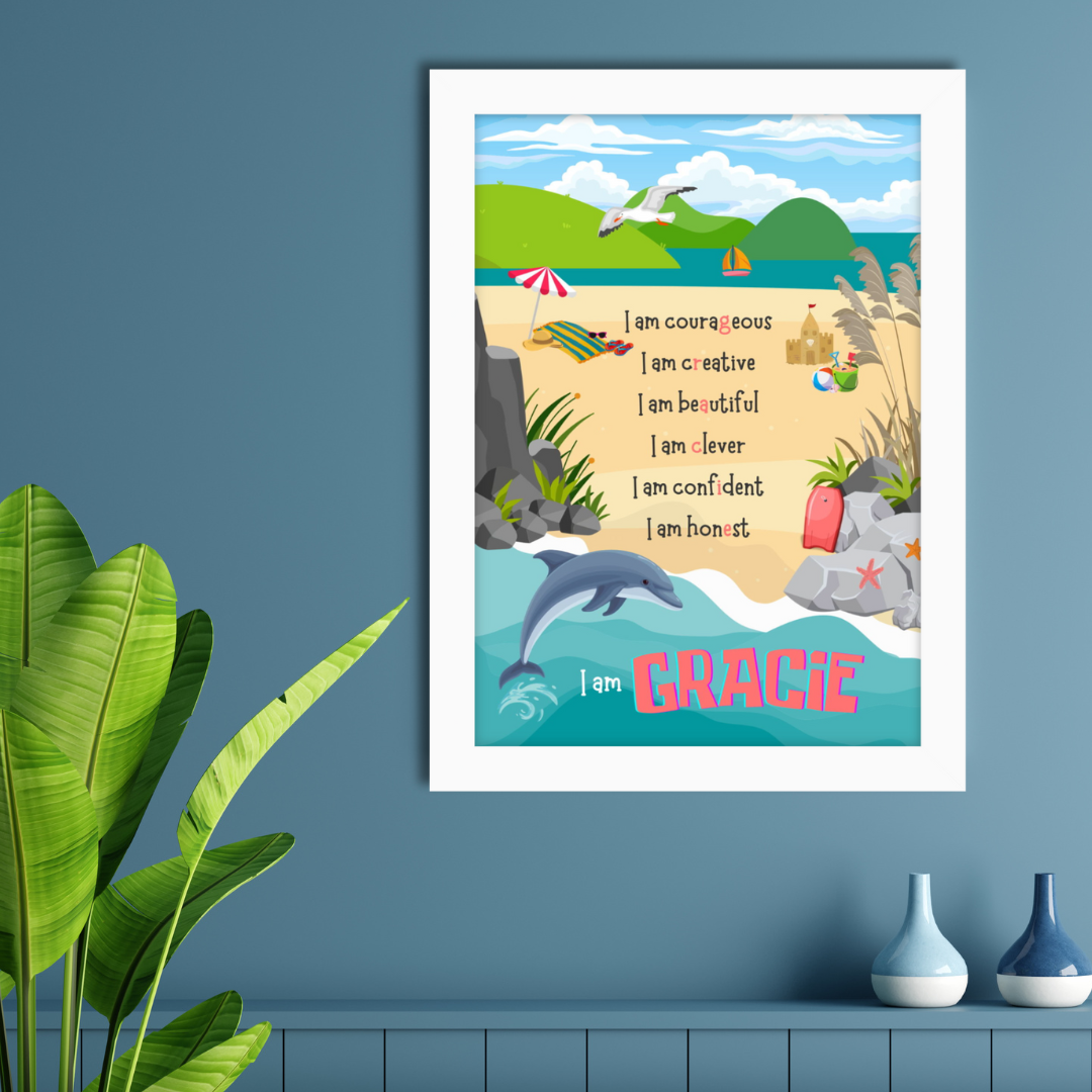 NZ coastal affirmation poster with toi toi, beach, and native wildlife, personalised for children
