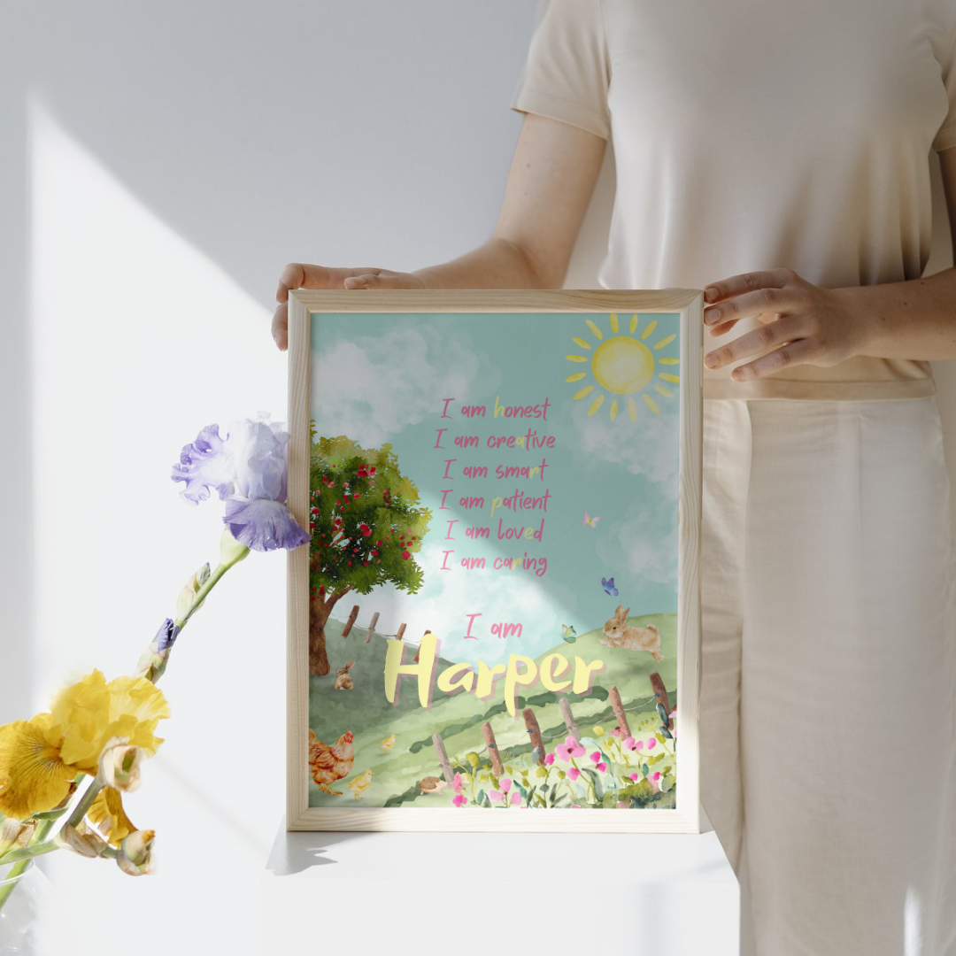 Peaceful meadow affirmation print for children with wildflowers, butterflies, and pastel skies