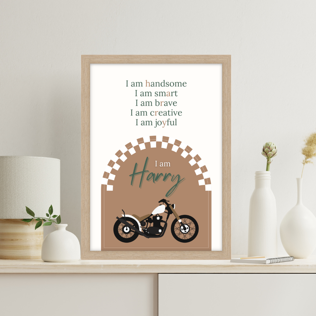 Simple and bold motorbike-themed affirmation print with personalised name and classic bike