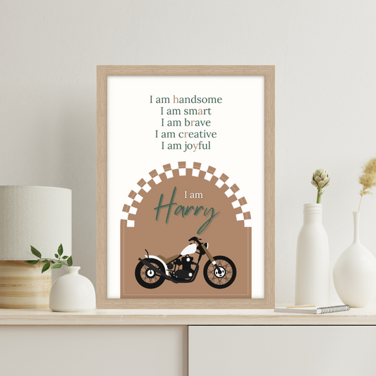 Simple and bold motorbike-themed affirmation print with personalised name and classic bike