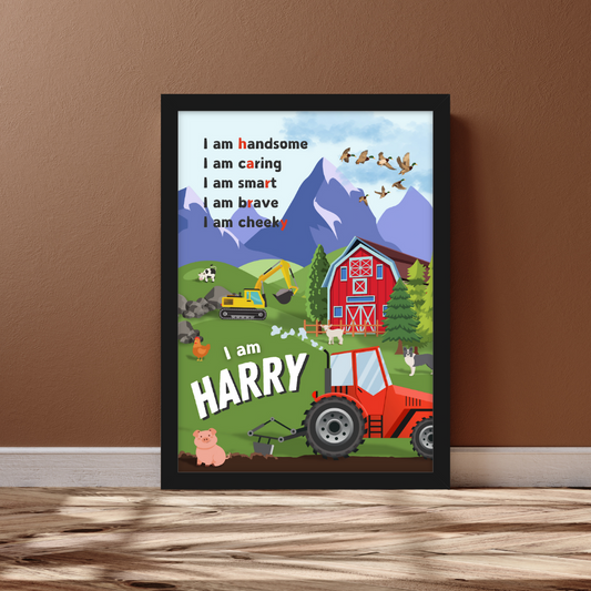 Children’s farm-themed affirmation poster with tractor, barn, and friendly animals