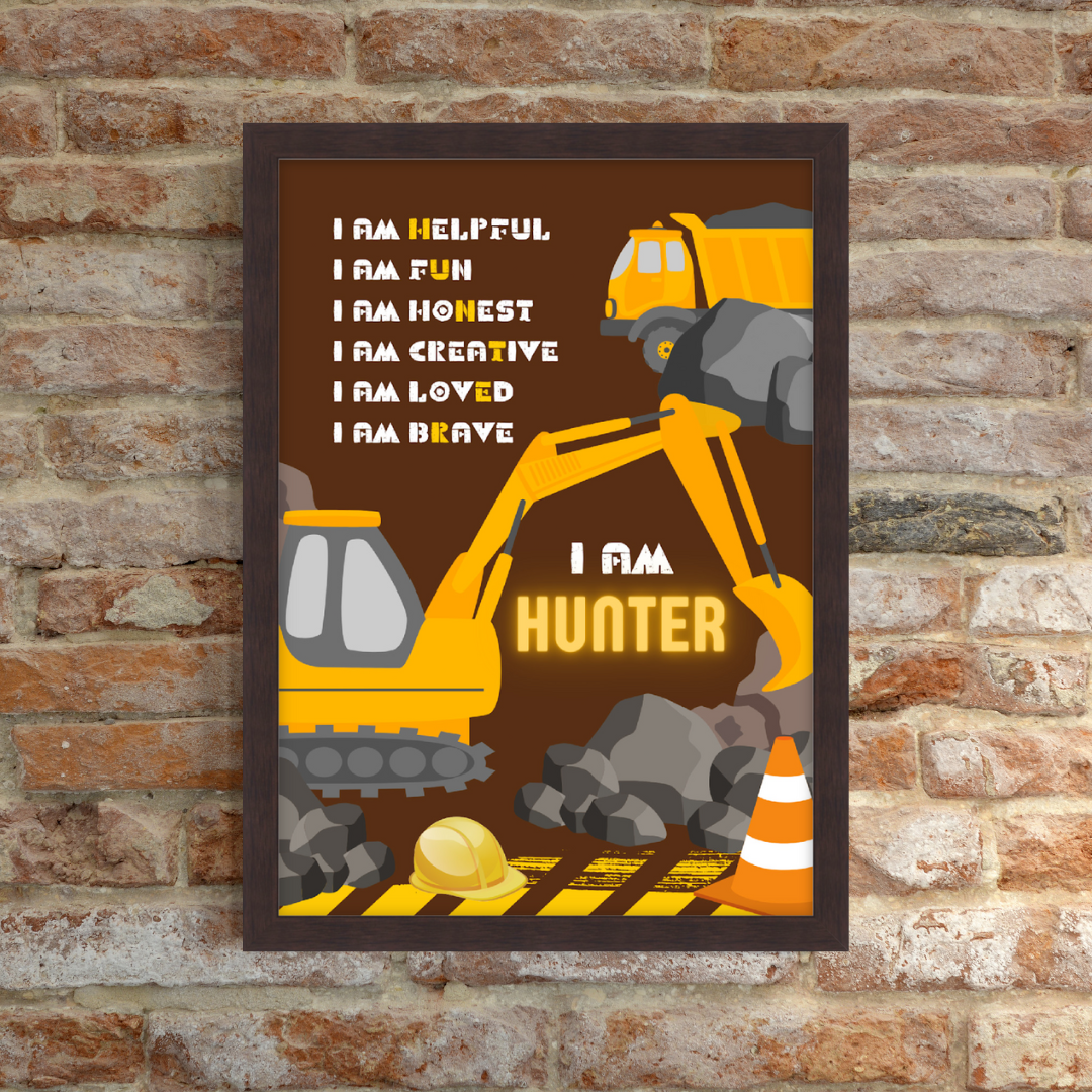 Bold construction site affirmation print with diggers, trucks, cones, rocks and hard hats, personalised for kids