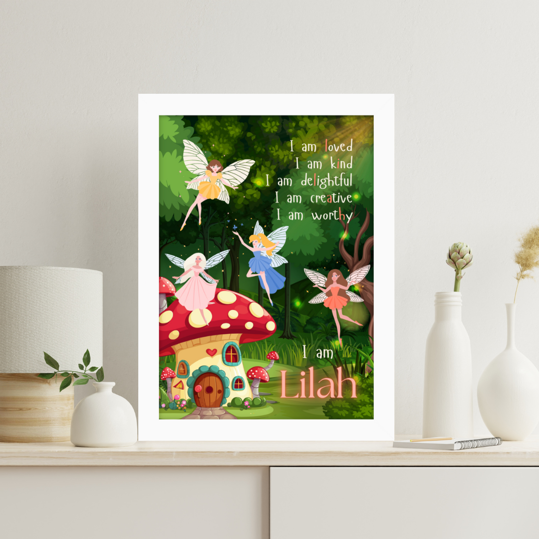 Magical fairy garden affirmation print for kids, featuring sparkles, wings, and enchanted forest