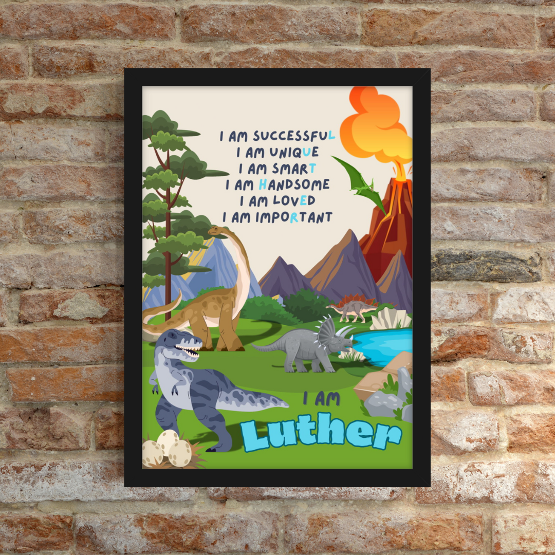 Custom dinosaur-themed kids affirmation poster featuring your favourite dinos in a volcanic setting
