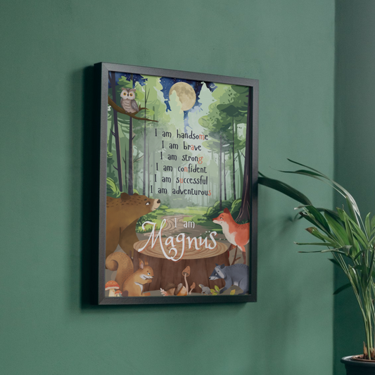 Woodland animal affirmation print with bear, fox, and pine trees, customisable with child’s name