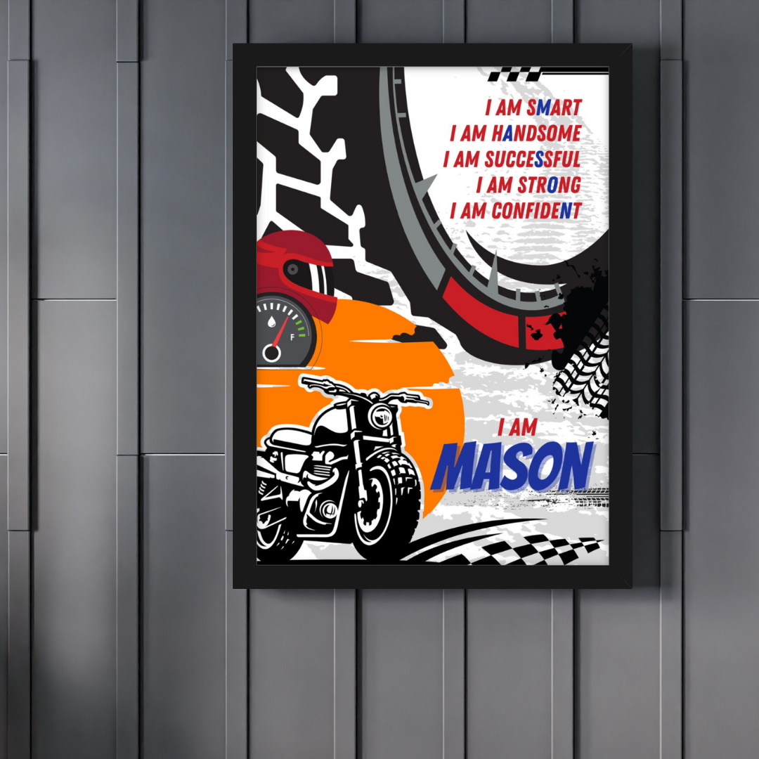 Customised affirmation poster for boys featuring motorbike, helmet, tyre tread and racing elements