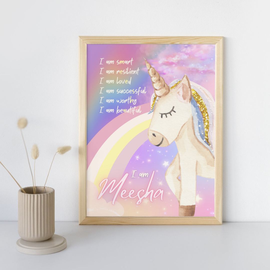 Magical unicorn affirmation print with rainbows, pastel skies, and child’s personalised name