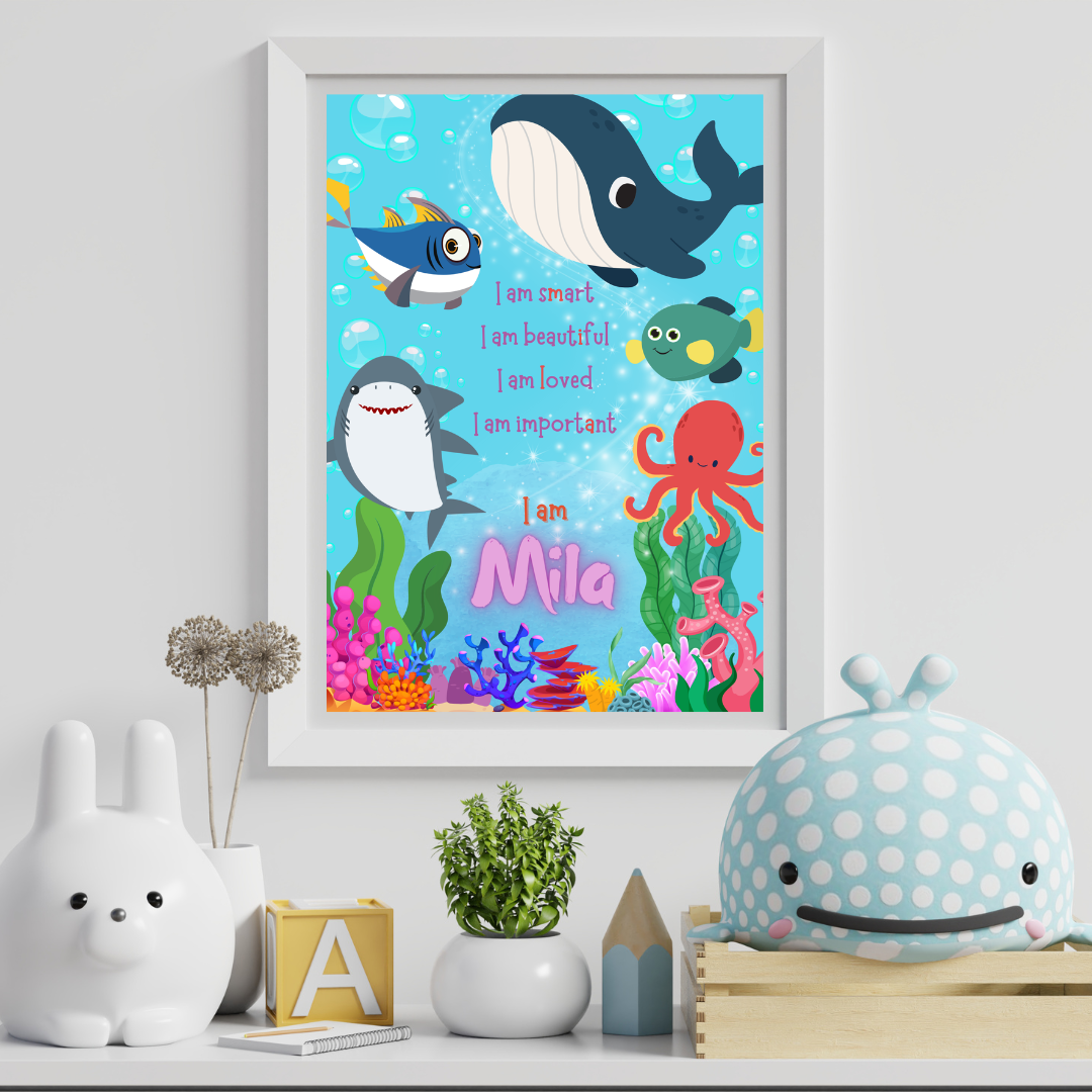 Personalised ocean-themed affirmation poster for children featuring friendly sea creatures and a neon coral reef