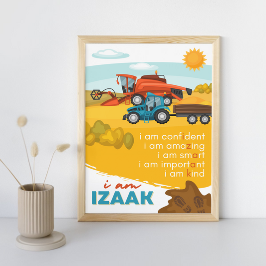 Custom farm-themed affirmation print for kids with harvester, tractor, hay bales, and golden fields