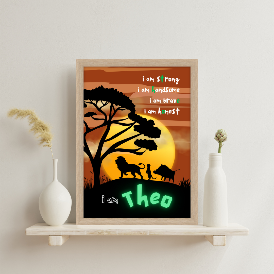 African savannah affirmation poster with lions, sunset, and safari animals, personalised with child’s name
