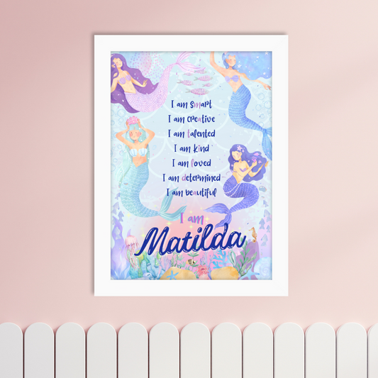 Mermaid affirmation print for kids with shimmering tail, ocean background, and personalised child’s name