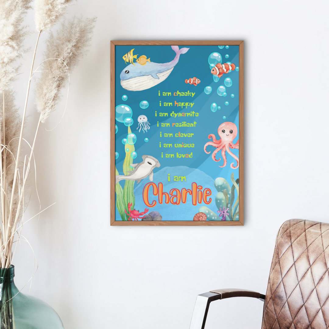 Ocean-themed personalised affirmation print featuring sea creatures, coral reef, and bubbles